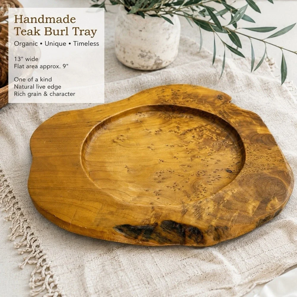 Vintage Teak Burl Wood Live Edge Tray Bowl Rustic Organic Modern Centerpiece 13